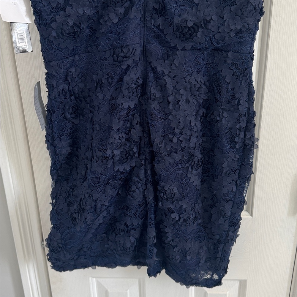 NWT Xscape Navy Lace  Dress w/ Navy Fabric Flowers Throughout - Picture 8 of 13